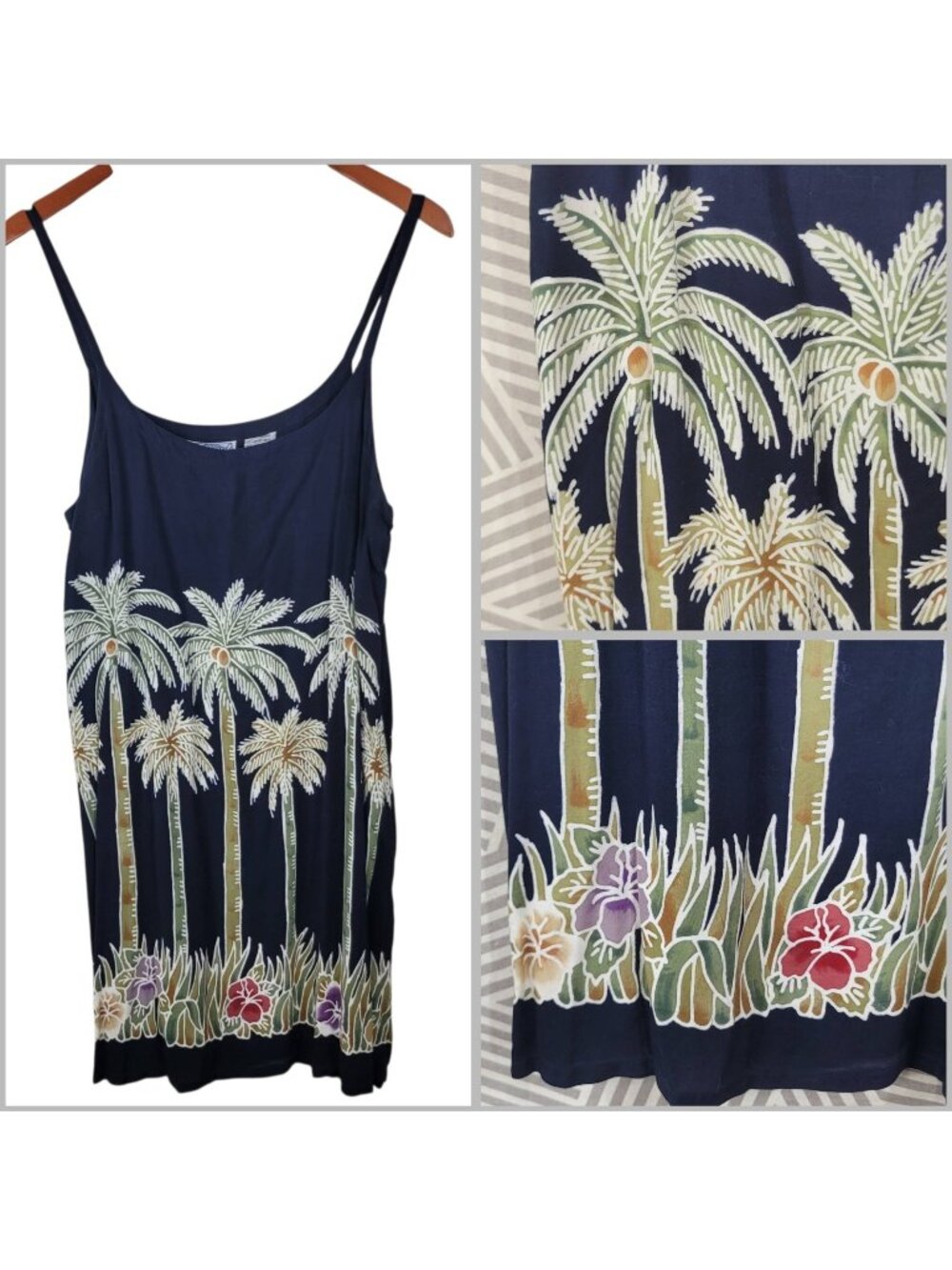 Vintage Tropical Hawaiian Tank Shirt Dress Large Floral Beach Palm Tree Hibiscus